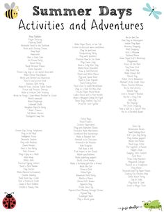 the summer days activities and adventures list for kids to play with on their own day