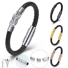 four different types of leather bracelets with stainless steel clasps and magnetic clasps