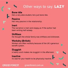 a pink poster with the words'other ways to say lazy '