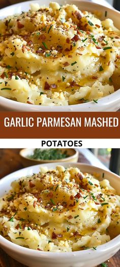 garlic parmesan mashed potatoes in a white bowl on top of a wooden table