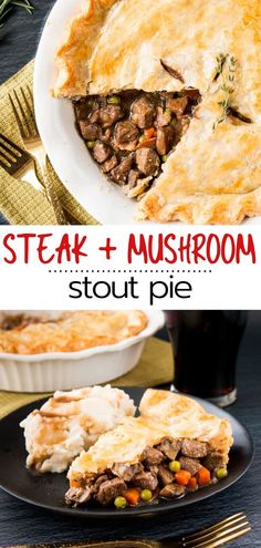 steak and mushroom pot pie on a black plate