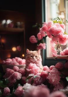 a cat sitting in the middle of pink flowers