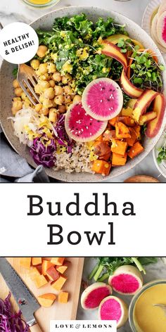 buddha bowl with watermelon, radishes, and other foods on the side