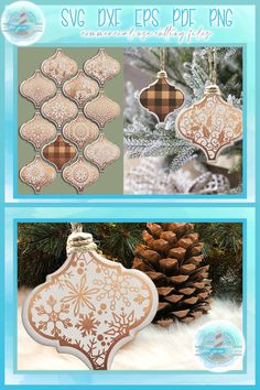 christmas ornaments and pine cones are shown in three different pictures, including one with an ornament