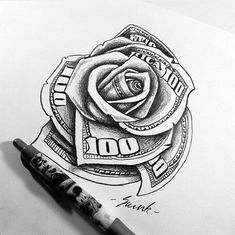 a drawing of a rose with money on it and a pen in the foreground