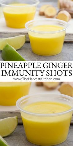 pineapple ginger hummush shots in small plastic bowls with lime slices on the side