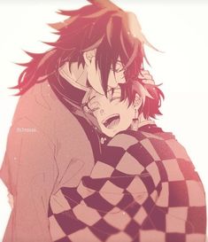 two anime characters hugging each other in front of a white background with red and black checkered squares