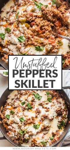 a skillet filled with meat and cheese next to the words, mashed peppers skillet