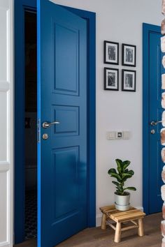 a blue door in a white room with pictures on the wall and a potted plant next to it