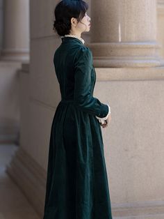 Dark green lady's corduroy dress – remulia Old Timey Green Dress, Dark Green Victorian Dress, 1800 Green Dress, Vintage Green Winter Dresses, Medieval Palace, Vintage Green Collared Dress, Brooch Dress, Dark Green Dress, Academia Outfits