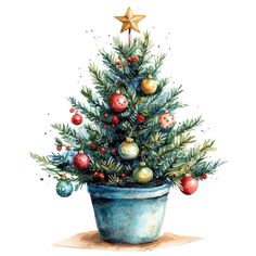 a watercolor christmas tree in a pot with ornaments around it and a star on top