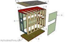 the diagram shows how to build an outdoor storage shed with wood and metal panels on top