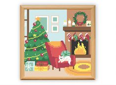 a cross - stitch christmas scene with a fireplace, tree and dog in the living room