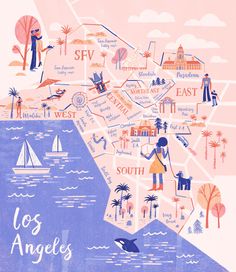 an illustrated map of los angeles with people and places in the area that are depicted