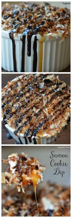 an image of a cake with chocolate and caramel toppings on it, then topped with whipped cream