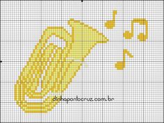 a cross stitch pattern with music notes and a golden instrument on it's side