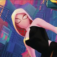 the animated spider - man character is posing in front of a cityscape background