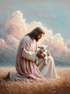 a painting of jesus holding a lamb in a field