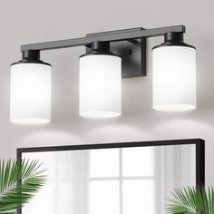 three light bathroom vanity fixture with white glass shades and black metal frame, in an indoor setting