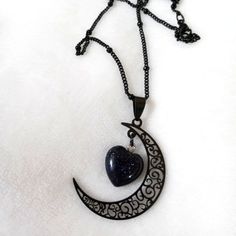 Gothic Witch Crescent Moon Black Sparkle Stone Heart Necklace Black Crescent Metal Necklace, Black Metal Crescent Necklace, Black Moon Charm Jewelry For Party, Black Jewelry With Moon Charm For Party, Black Moon Phase Necklace For Gift, Black Crescent Necklaces As Gift, Black Crescent Necklaces For Gift, Handmade Black Moon Necklace, Handmade Adjustable Black Heart Necklace