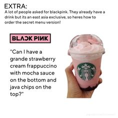 the starbucks drink is pink and has whipped cream on top, with text below it