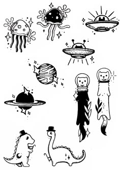 black and white drawings of different types of things in the sky, including an alien ship