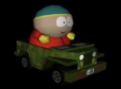 a cartoon character riding in the back of a green jeep