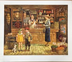 a painting of two children standing in front of a store with an older man behind the counter