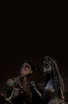 the corpse bride and skeleton man are standing next to each other in front of a black background