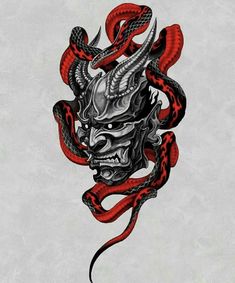 a drawing of a demon with red snakes around it's neck and head on a gray background