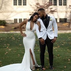 a man in a tuxedo and a woman in a white dress