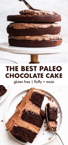 the best paleo chocolate cake is on a white plate