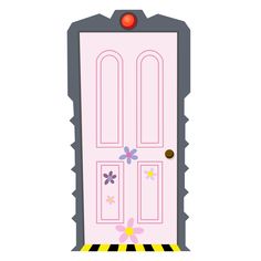 a pink door with flowers on it and a yellow stripe around the bottom half is shown