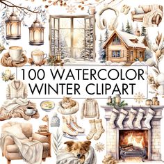 a watercolor winter clipart set with the words, 100 watercolor winter clipart