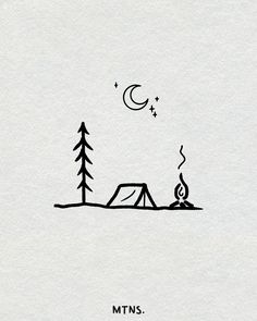 a campfire and tent in the middle of a field with trees, stars and moon