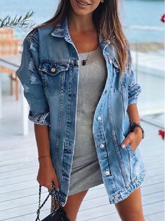 Jackets Long Sleeve Lapel Pocket Ripped Denim Jacket for Women JAC2109301149BLUS Blue / S Ripped Denim Jacket, Lapel Design, Jeans Coat, Moda Denim, Long Sleeve Denim Jacket, Graduation Outfits, Trendy Denim, Mode Jeans, Summer Concert