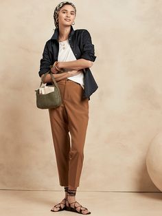 High-Rise AirStretch Pull-On Taper Pant | Banana Republic Factory Brown Chinos Outfit Women, Chino Pants Outfit, Tapered Pants Outfit, Chinos Women Outfit, Brown Chino Pants, Olive Green Jeans, Brown Chinos, Sophisticated Outfits, Glad Rags