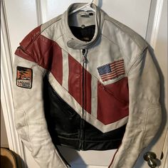 This Is A Authentic Vintage Motorcycle Racing Jacket, Leather With Removable Lining. Zippers On The Front And Back To Allow Air Flow. Weighs 4 Lbs. Biker Gear Women, Fitted Moto Sports Outerwear, Fitted Moto Outerwear For Sports, Casual Red Motorcycle Outerwear, Red Long Sleeve Outerwear For Biker Events, Red Motorcycle Outerwear For Fall, Red Motorcycling Outerwear For Fall, Red Fitted Outerwear For Motorcycling, Fall Motorcycling White Outerwear