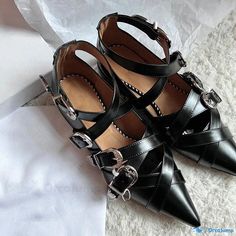 Orcajump - Classic Pointed-toe Single Shoes with Chunky Heel, Metal Buckle, and Mary Jane Design Heel Styles, Buckled Heels, Chunky Heel, Metal Buckles, Chunky Heels, Mary Janes, Buckle, Heels, Black