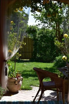 an open door leading to a patio with chairs and table in the back yard area