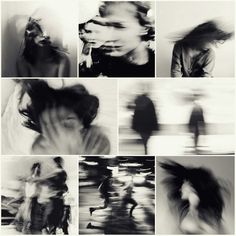 black and white photographs of people in motion with blurry images behind them, including one woman's head