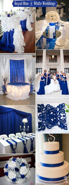 blue and white wedding decorations at the reception