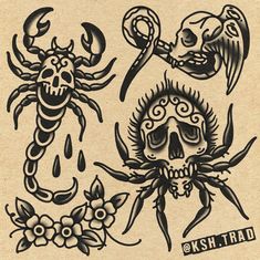 an old school tattoo design with skulls and scorpions