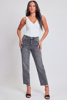 It’s giving main character energy all season long in our Women’s High Rise Cropped Straight Leg Jeans. This high-rise, straight-leg silhouette is designed to cinch your waist and make your legs look longer. Featuring a frayed hem for an effortless look, these jeans are bound to become your go-to style. Product Details- High-Rise- Belt Loops- Classic 5-Pocket Construction- Straight Leg- Raw HemSize and Fit (Based on Size 5)- Inseam (frayed): 27”- Rise: 11”- Leg Opening: 16”Machine wash cold, sepa Trendy Straight Pants For Fall, Chic Mid-rise Mom Fit Bottoms, Fall Mom Fit Pants With Straight Hem, Mom Fit Straight Hem Pants For Fall, Fall Mom Fit Straight Hem Pants, Trendy Non-stretch Straight Bottoms, Spring Mom Fit Pants With Straight Hem, Workwear Mom Fit Bottoms With Straight Hem, Straight Hem Mom Fit Bottoms For Workwear