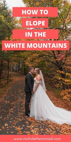 a bride and groom kissing in the woods with text overlay that reads how to elope in the white mountains