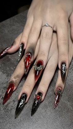 Red Into Black Nails, Red And Chrome Acrylic Nails, Spooky Long Nails, Black And Red Design Nails, Vampire Theme Nails, Gothic Red And Black Nails, Black Red Heart Nails, Black Base Nails, Black And Red Nails Ombre