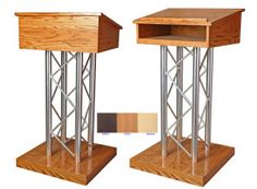 two wooden tables with metal legs and one shelf on each side, both in different colors