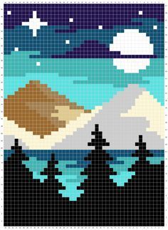 a cross stitch pattern with mountains and trees in the foreground, under a starr filled sky