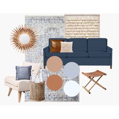 a living room with blue furniture and accessories in it, including a couch, chair, ottoman