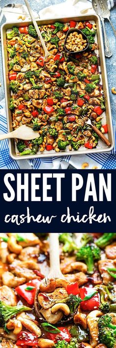 sheet pan cashew chicken with broccoli, peppers and mushrooms in it is ready to be served